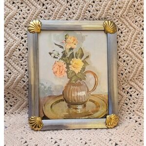 Vintage Silver Ribbed Picture Frame Gold Shell Corners Coastal Regency 8x10